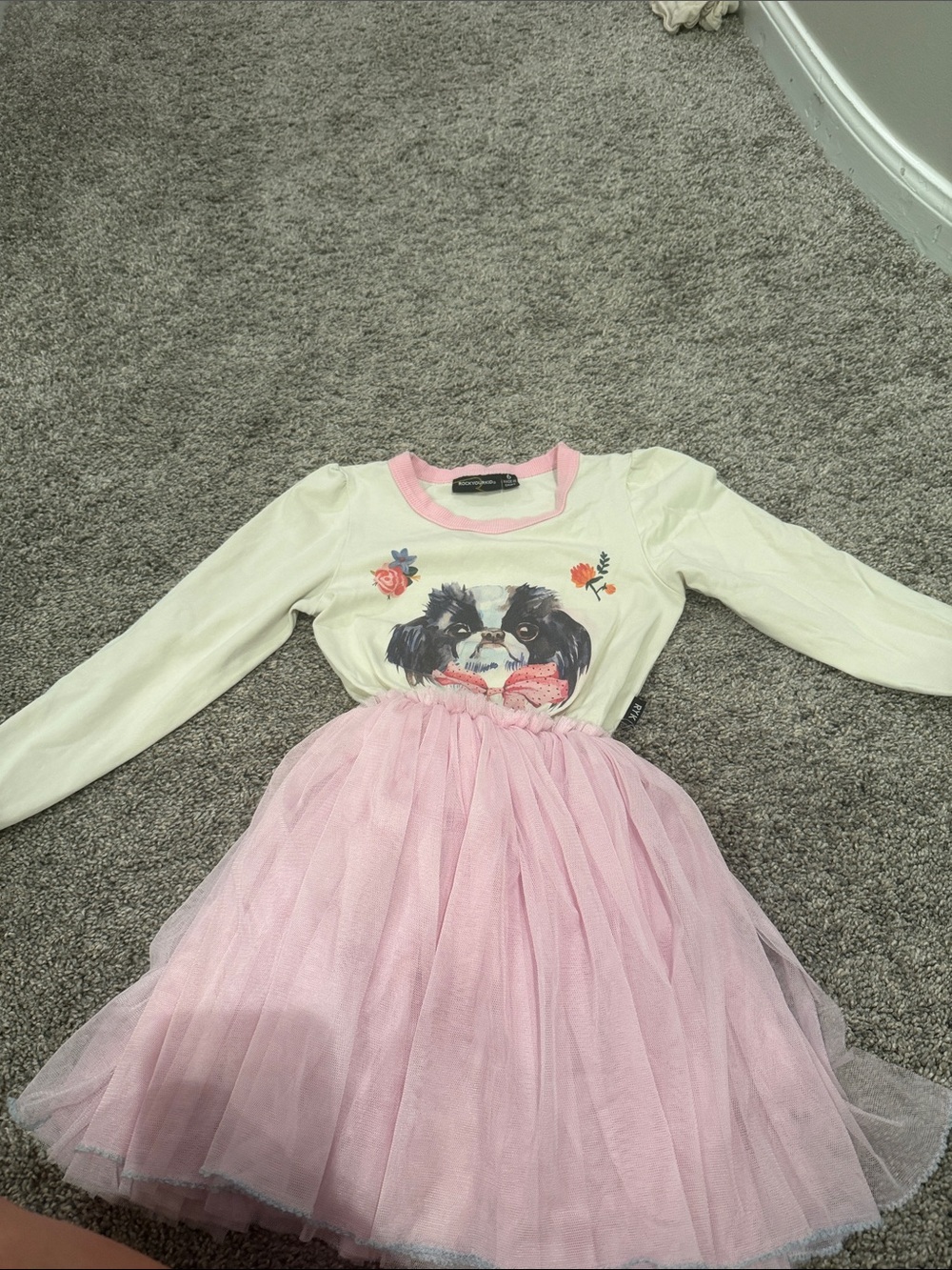 Rock Your Baby Cream & Pink Dog Graphic Tulle Dress